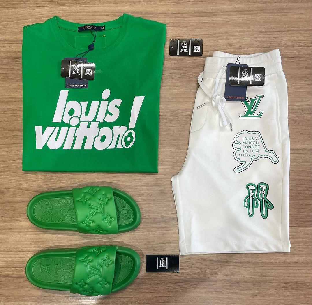 Conjunto Grife - Louis Vuitton Verde [CAMISA + BERMUDA + BONÉ + CHINELO]